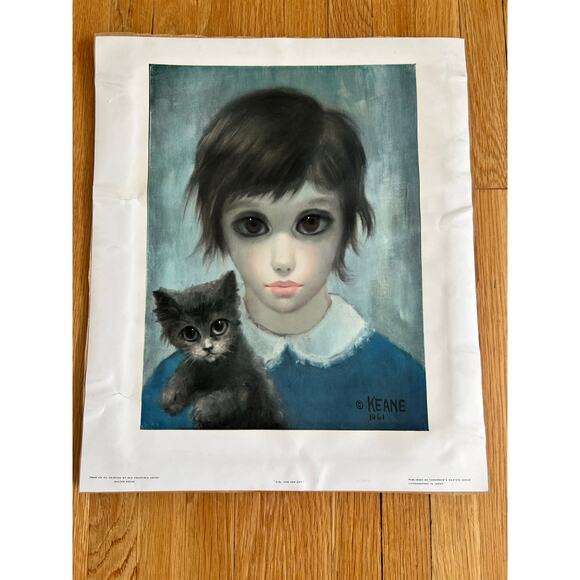 Vtg Print Girl And Her Cat 1961 Margaret Keane Big Eye No Frame 15x12” - Picture 2 of 11